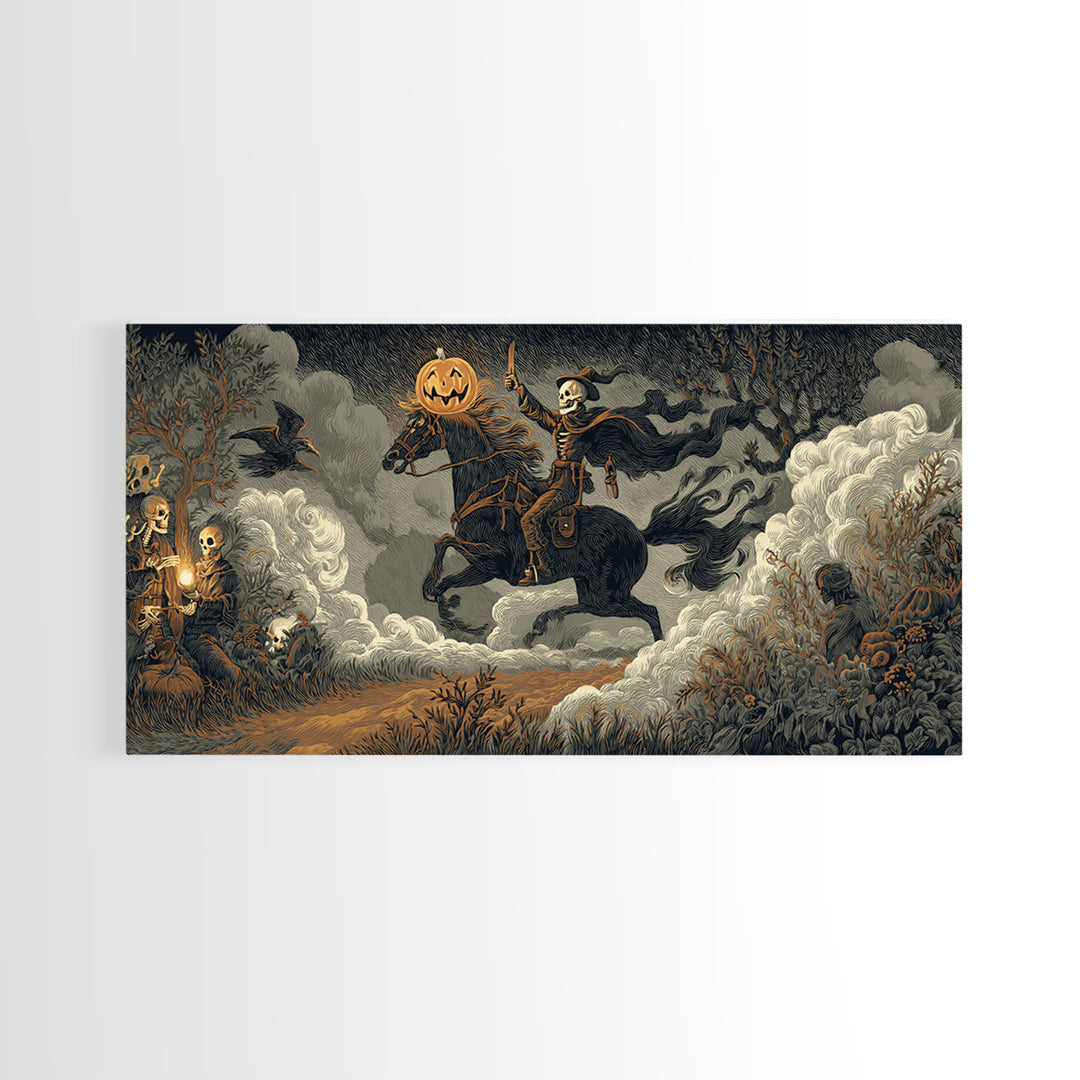 The Headless Horseman, Macabre Folk Print Art, Wide Panoramic Art, Gothic Horror Wall Art, Framed Canvas Print, Macabre Wall Art