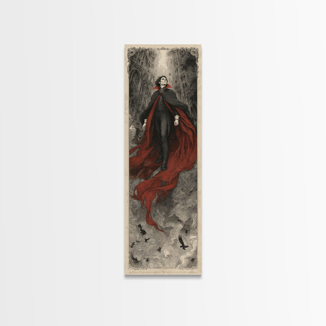 The Crimson Vampire, Gothic Engraving Art, Tall Narrow Wall Art, Dark Halloween Decor, Framed Canvas Print, Halloween Wall Art