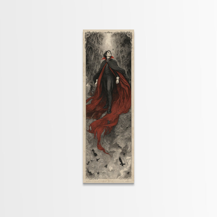 The Crimson Vampire, Gothic Engraving Art, Tall Narrow Wall Art, Dark Halloween Decor, Framed Canvas Print, Halloween Wall Art