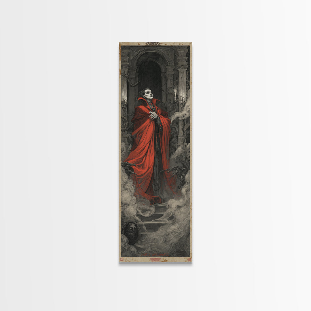The Crimson Vampire, Architectural Etching Art, Tall Narrow Wall Art, Dark Fantasy Wall Art, Canvas Print, Halloween Wall Art