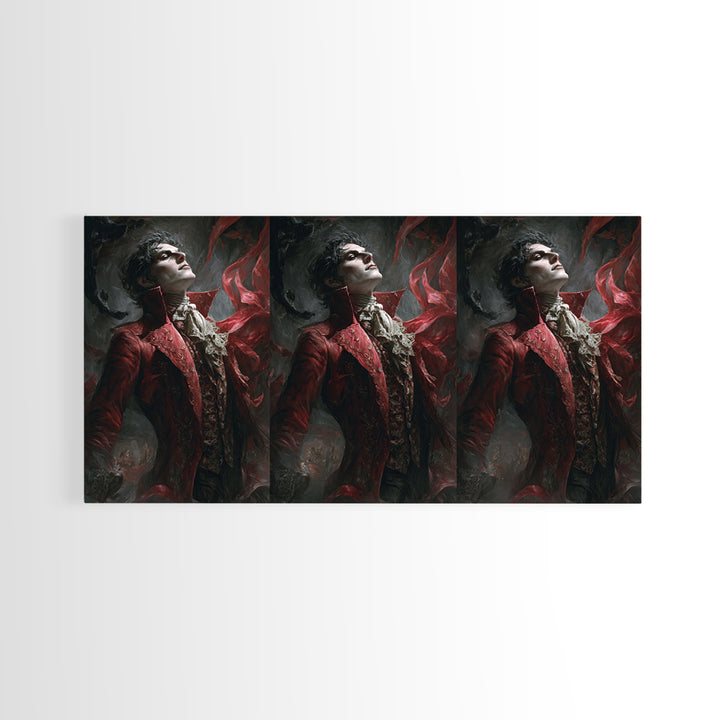 The Crimson Vampire, Apocalyptic Romantic Art, Wide Panoramic Art, Dark Halloween Decor, Framed Canvas Print, Halloween Wall Art