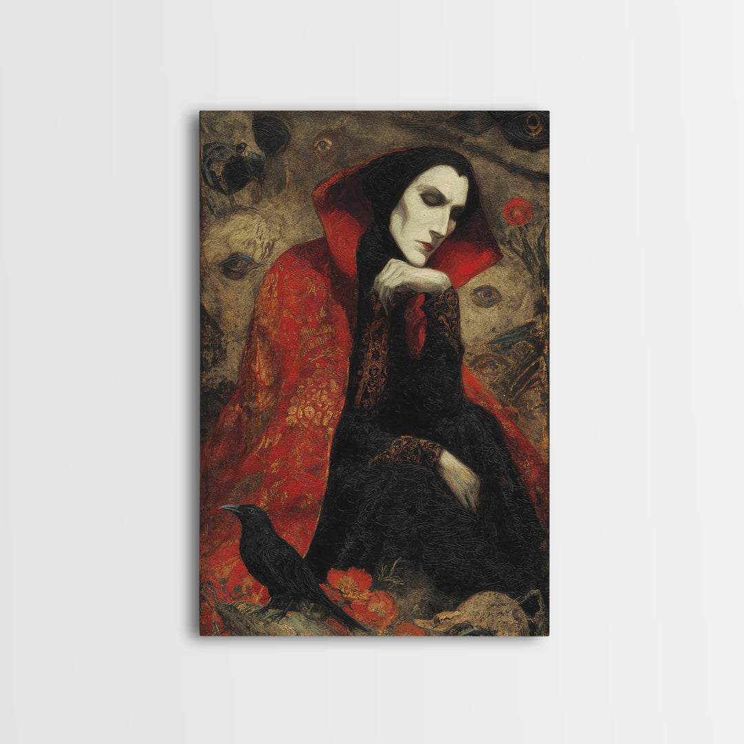 The Crimson Vampire, Symbolist Dream Art, Vertical Wall Art, Macabre Wall Art, Framed Canvas Print, Halloween Wall Art