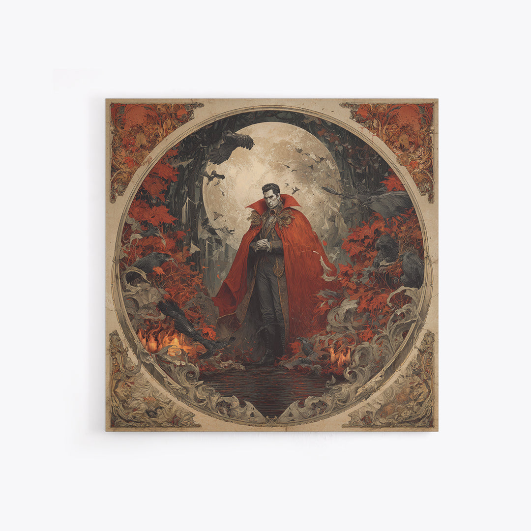 The Crimson Vampire, Symbolist Gothic Landscape, Square Wall Art, Dark Halloween Decor, Framed Canvas Print, Halloween Wall Art
