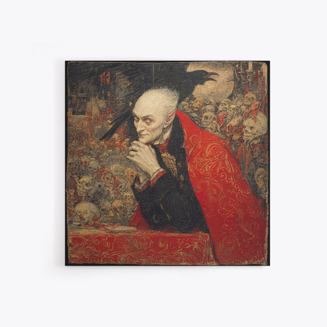 The Crimson Vampire, Grotesque Carnival Art, Square Wall Art, Dark Halloween Decor, Canvas Print, Halloween Wall Art, Statement Wall Art