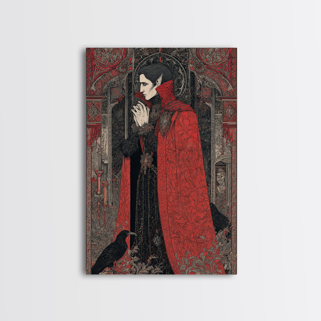 The Crimson Vampire, Stained Glass Gothic Art, Vertical Wall Art, Dark Fantasy Wall Art, Canvas Print, Halloween Wall Art, Halloween Decor