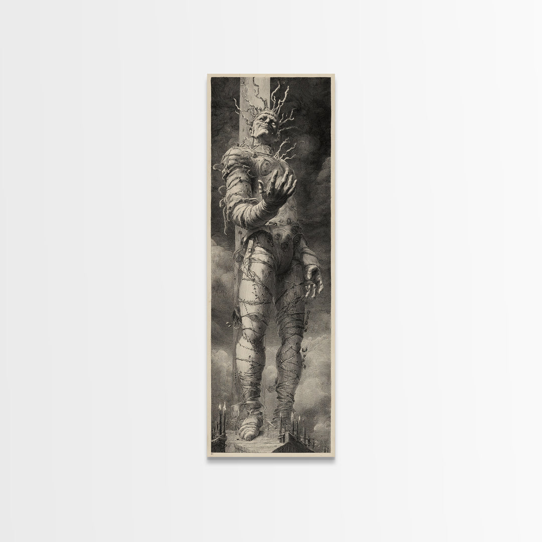 The Stitched Giant, Architectural Etching Art, Tall Narrow Wall Art, Dark Fantasy Wall Art, Framed Canvas Print