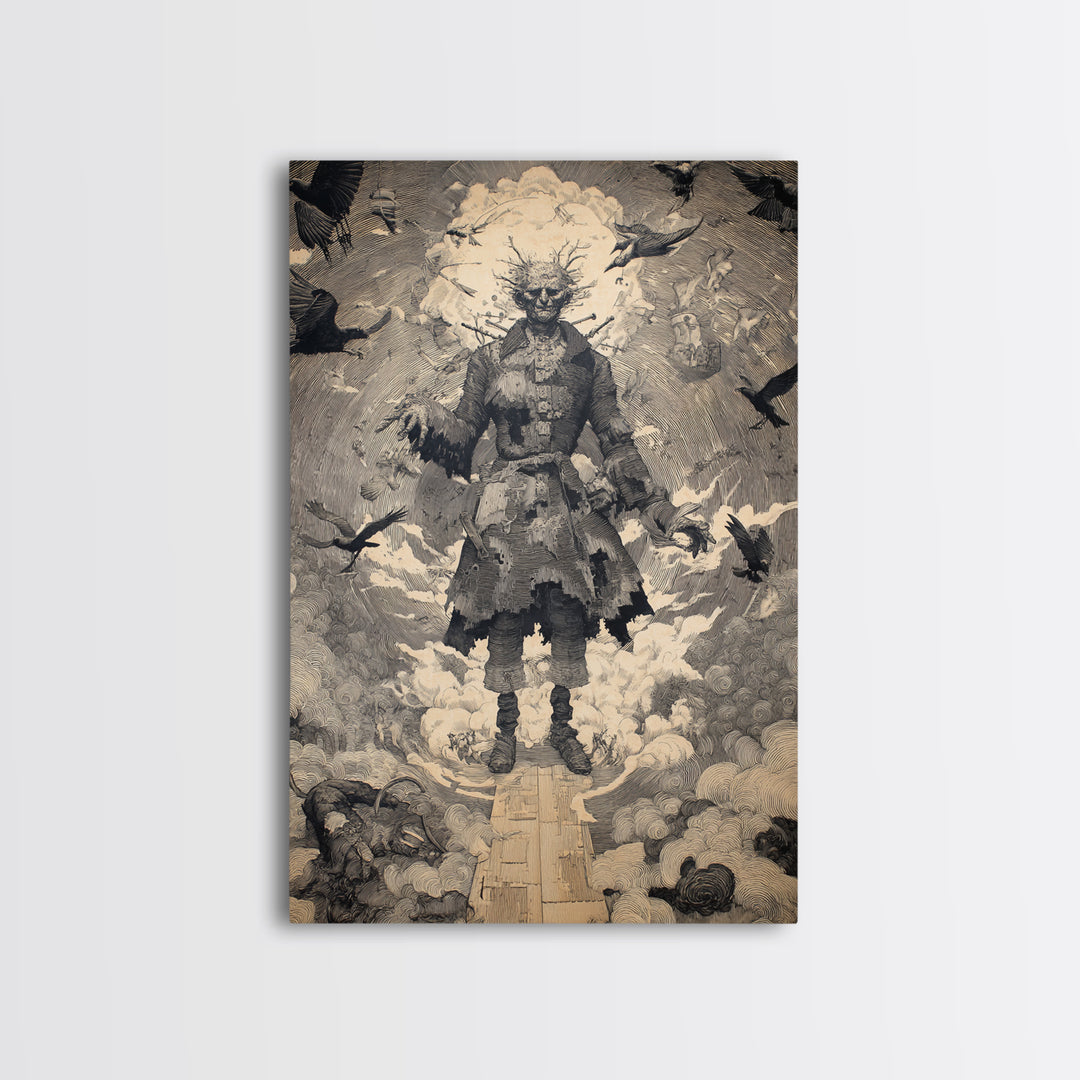 The Stitched Giant, Symbolist Etching Art, Vertical Wall Art, Dark Halloween Decor, Canvas Print, Halloween Wall Art, Dark Fantasy Art