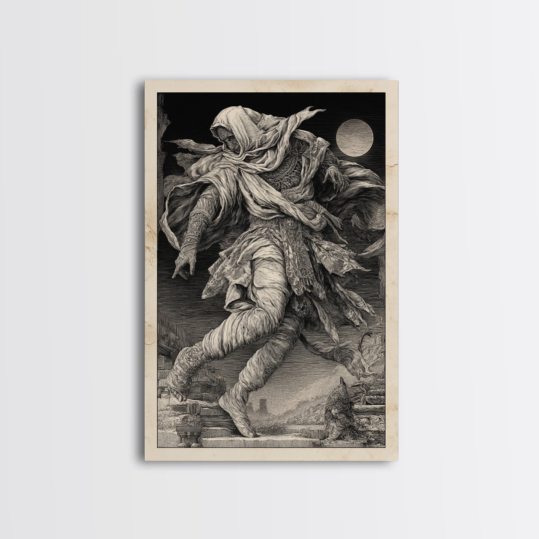 The Mummy Pharaoh, Renaissance Engraving Art, Vertical Wall Art, Dark Fantasy Wall Art, Framed Canvas Print, Halloween Wall Art