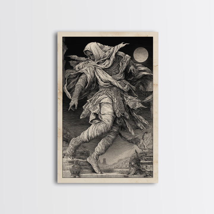 The Mummy Pharaoh, Renaissance Engraving Art, Vertical Wall Art, Dark Fantasy Wall Art, Framed Canvas Print, Halloween Wall Art