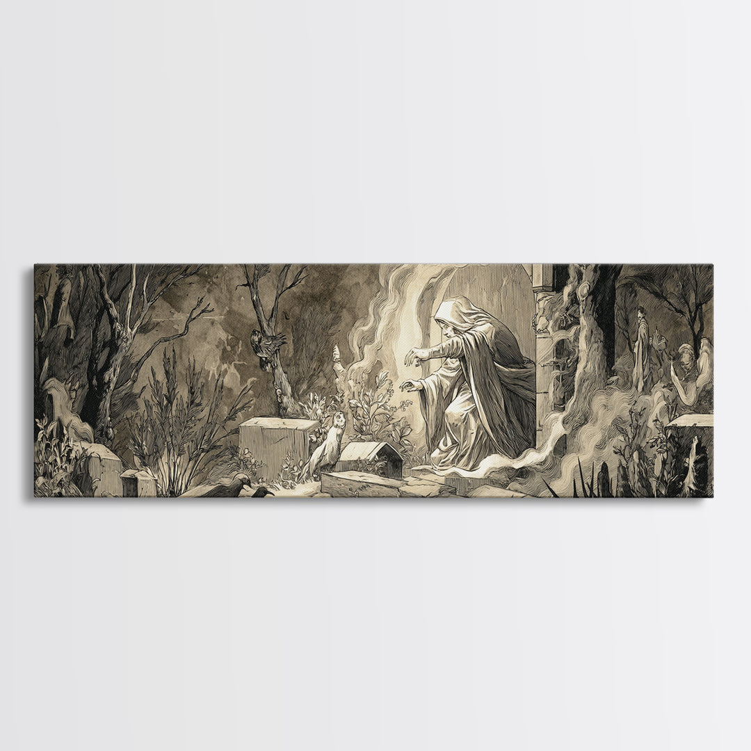 The Graveyard Ghost, Medieval Grotesque Art, Extra Wide Wall Art, Gothic Horror Wall Art, Canvas Print, Halloween Wall Art