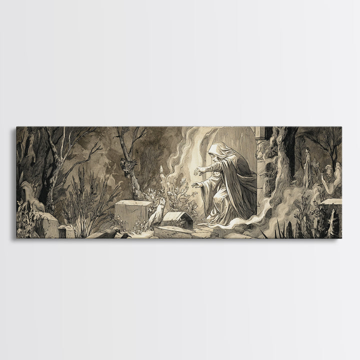 The Graveyard Ghost, Medieval Grotesque Art, Extra Wide Wall Art, Gothic Horror Wall Art, Canvas Print, Halloween Wall Art