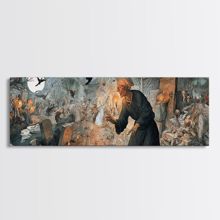 The Graveyard Ghost, Northern Renaissance Horror, Extra Wide Wall Art, Macabre Wall Art, Canvas Print, Halloween Wall Art