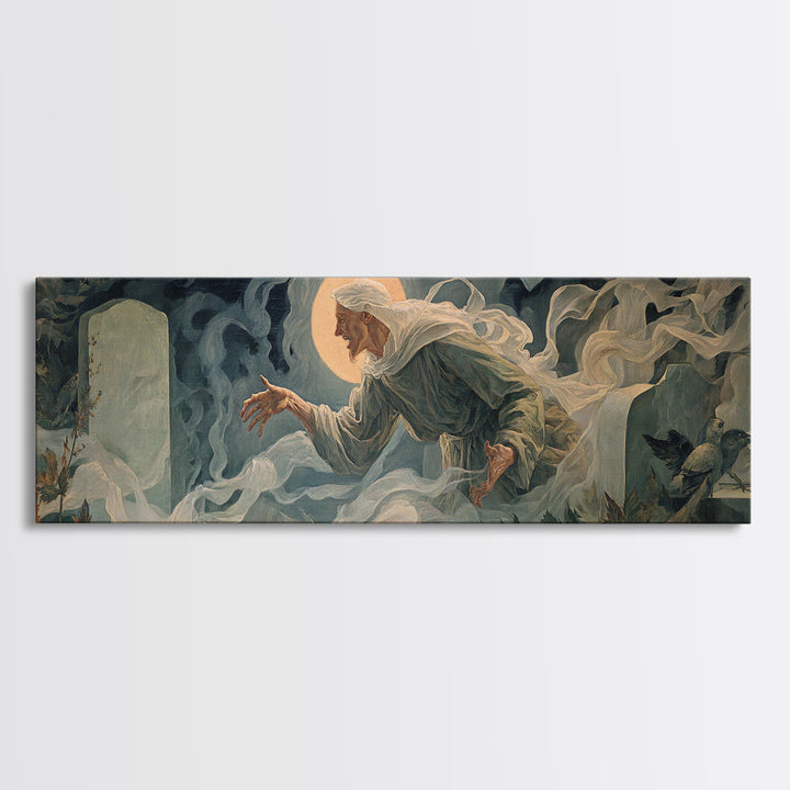 The Graveyard Ghost, Dark Renaissance Art, Extra Wide Wall Art, Dark Halloween Decor, Canvas Print, Halloween Wall Art