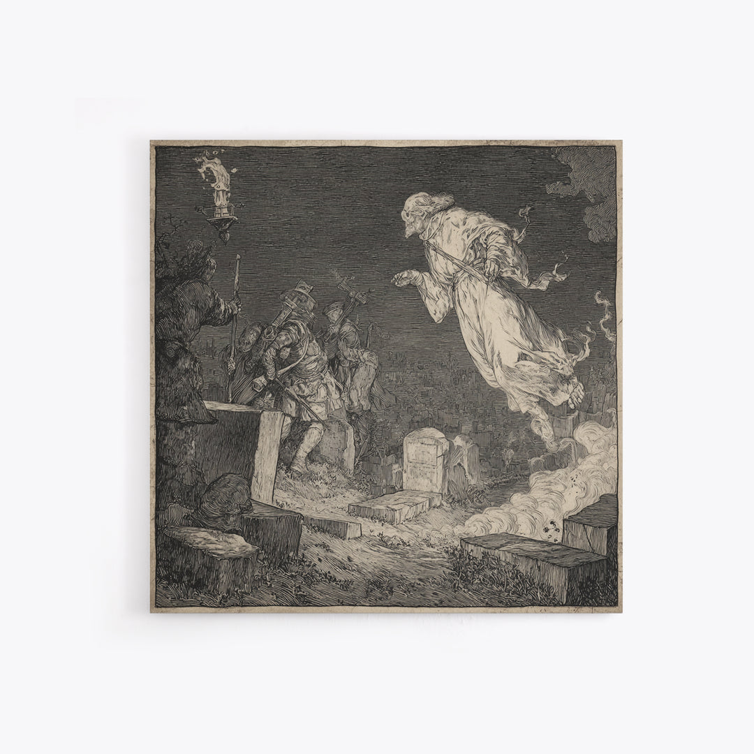 The Graveyard Ghost, Renaissance Engraving Art, Square Wall Art, Gothic Horror Wall Art, Canvas Print, Halloween Wall Art