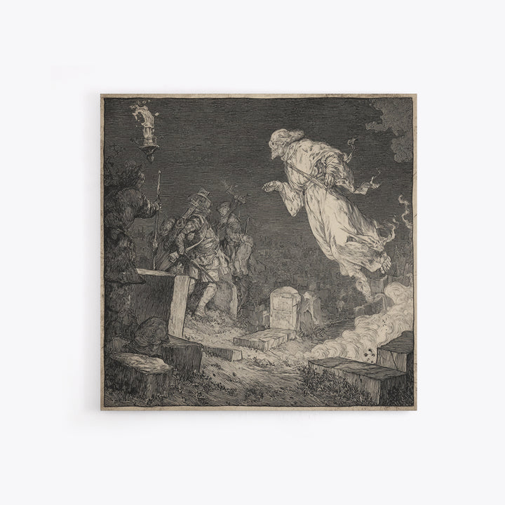 The Graveyard Ghost, Renaissance Engraving Art, Square Wall Art, Gothic Horror Wall Art, Canvas Print, Halloween Wall Art