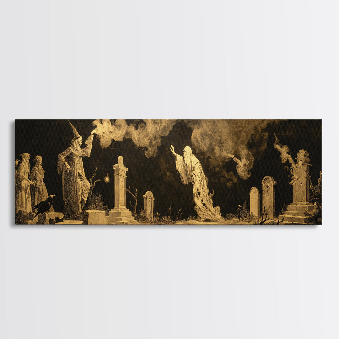 The Graveyard Ghost, Dark Romantic Horror Art, Extra Wide Wall Art, Dark Halloween Decor, Canvas Print, Halloween Wall Art