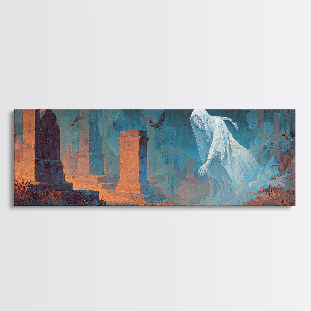 The Graveyard Ghost, Apocalyptic Romantic Art, Extra Wide Wall Art, Dark Halloween Decor, Canvas Print, Halloween Wall Art, Dark Fantasy Art