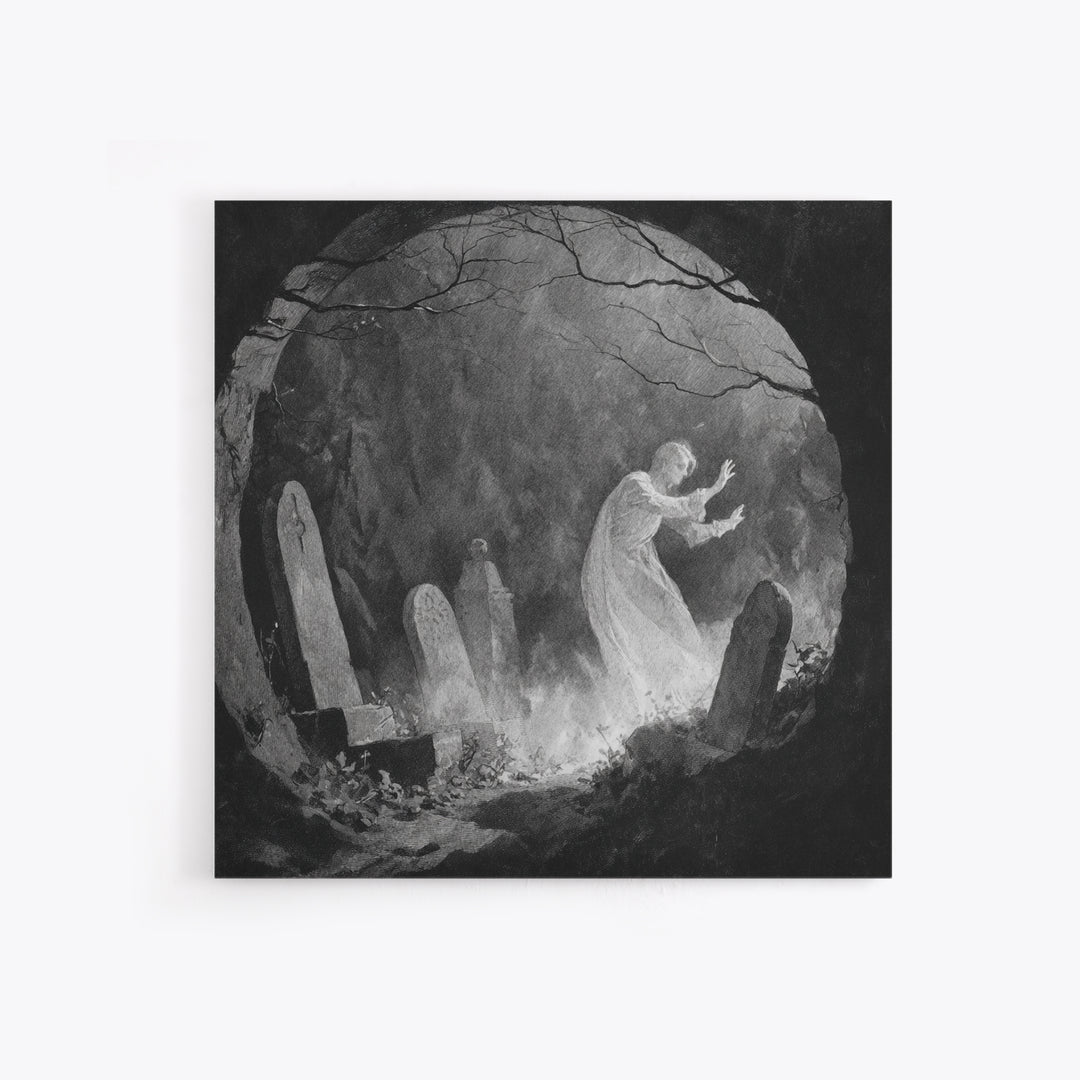 The Graveyard Ghost, Symbolist Dream Art, Square Wall Art, Dark Halloween Decor, Framed Canvas Print, Halloween Wall Art