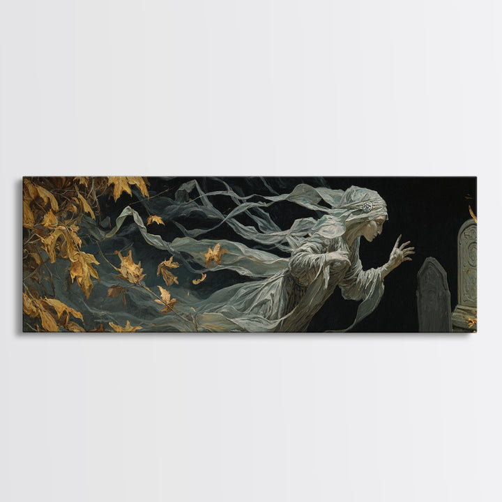 The Graveyard Ghost, Ornate Symbolist Art, Extra Wide Wall Art, Dark Fantasy Wall Art, Framed Canvas Print, Halloween Wall Art