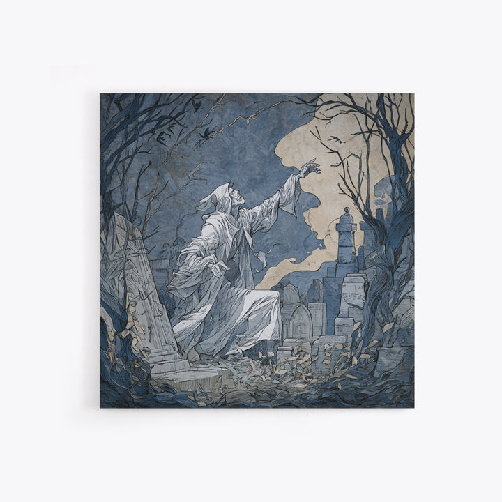 The Graveyard Ghost, Symbolist Etching Art, Square Wall Art, Macabre Wall Art, Framed Canvas Print, Halloween Wall Art, Gothic Home Decor