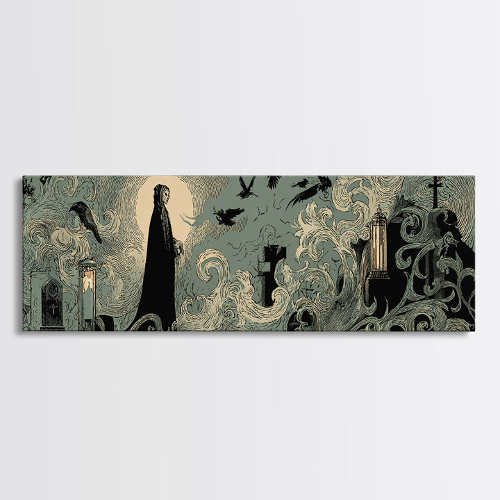 The Graveyard Ghost, Decadent Line Art, Extra Wide Wall Art, Dark Fantasy Wall Art, Framed Canvas Print, Halloween Wall Art
