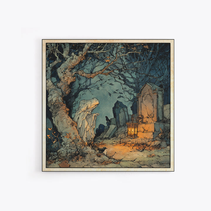 The Graveyard Ghost, Gothic Storybook Art, Square Wall Art, Dark Fantasy Wall Art, Canvas Print, Halloween Wall Art