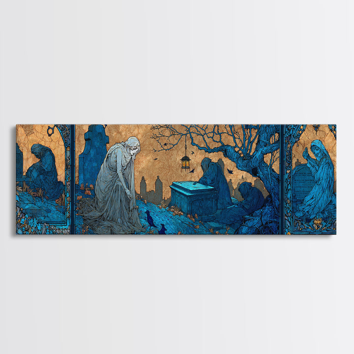 The Graveyard Ghost, Stained Glass Gothic Art, Extra Wide Wall Art, Dark Fantasy Wall Art, Canvas Print, Halloween Wall Art