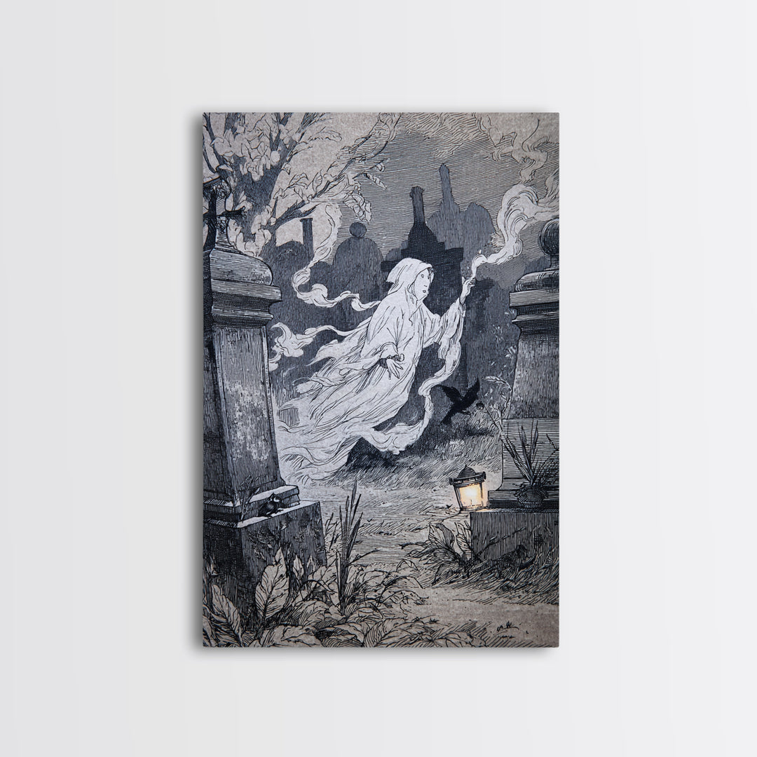 The Graveyard Ghost, Victorian Macabre Art, Vertical Wall Art, Dark Halloween Decor, Canvas Print, Halloween Wall Art