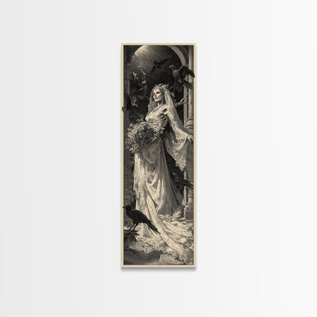 The Skeletal Bride, Gothic Engraving Art, Tall Narrow Wall Art, Gothic Horror Wall Art, Canvas Print, Halloween Wall Art