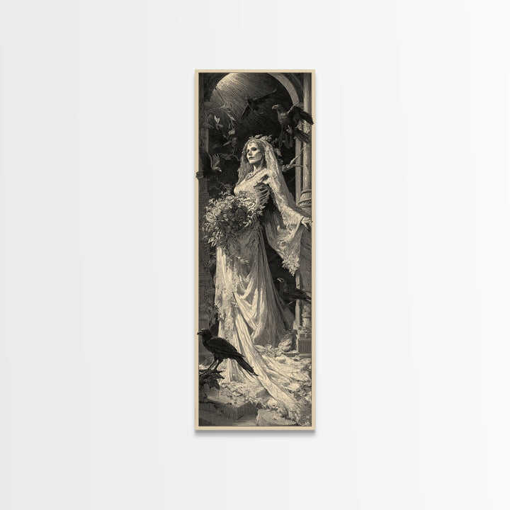 The Skeletal Bride, Gothic Engraving Art, Tall Narrow Wall Art, Gothic Horror Wall Art, Canvas Print, Halloween Wall Art