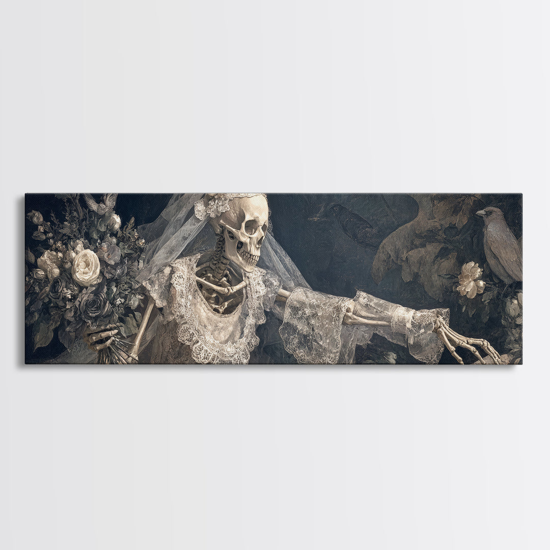 The Skeletal Bride, Medieval Grotesque Art, Extra Wide Wall Art, Dark Fantasy Wall Art, Framed Canvas Print, Halloween Wall Art