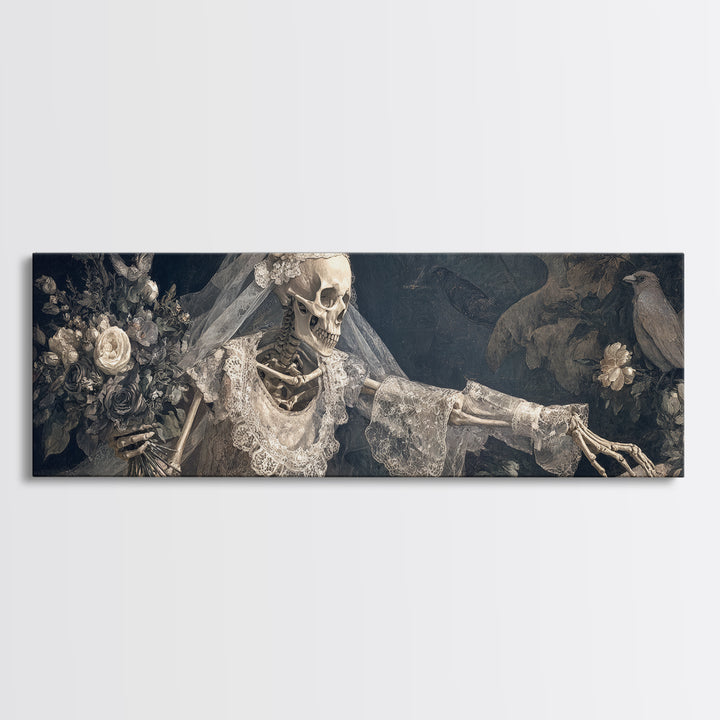 The Skeletal Bride, Medieval Grotesque Art, Extra Wide Wall Art, Dark Fantasy Wall Art, Framed Canvas Print, Halloween Wall Art