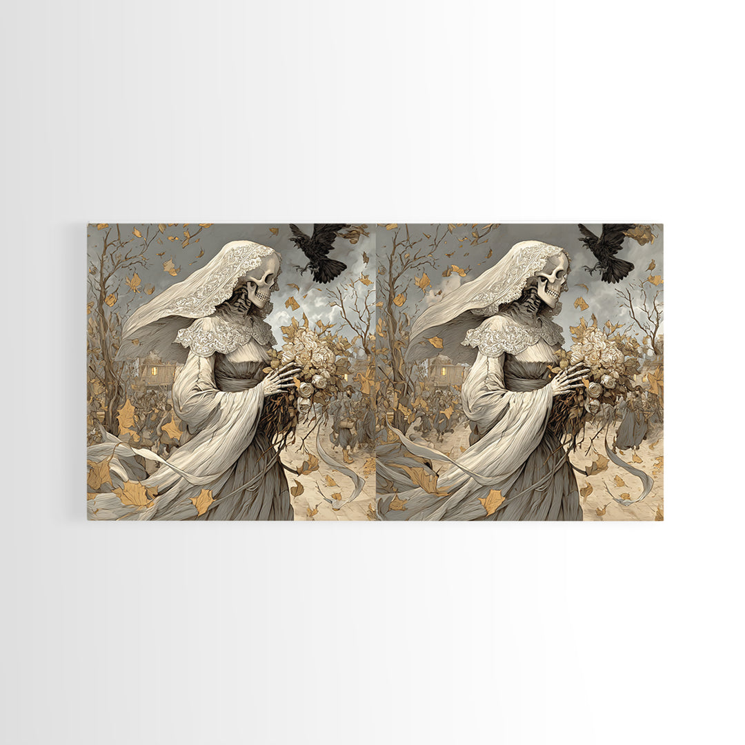 The Skeletal Bride, Northern Renaissance Horror, Wide Panoramic Art, Dark Fantasy Wall Art, Canvas Print, Halloween Wall Art