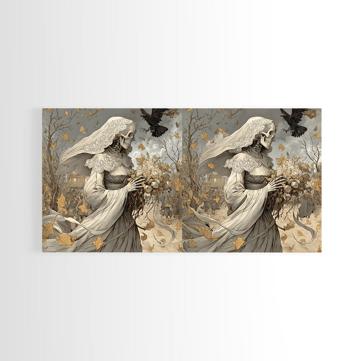 The Skeletal Bride, Northern Renaissance Horror, Wide Panoramic Art, Dark Fantasy Wall Art, Canvas Print, Halloween Wall Art
