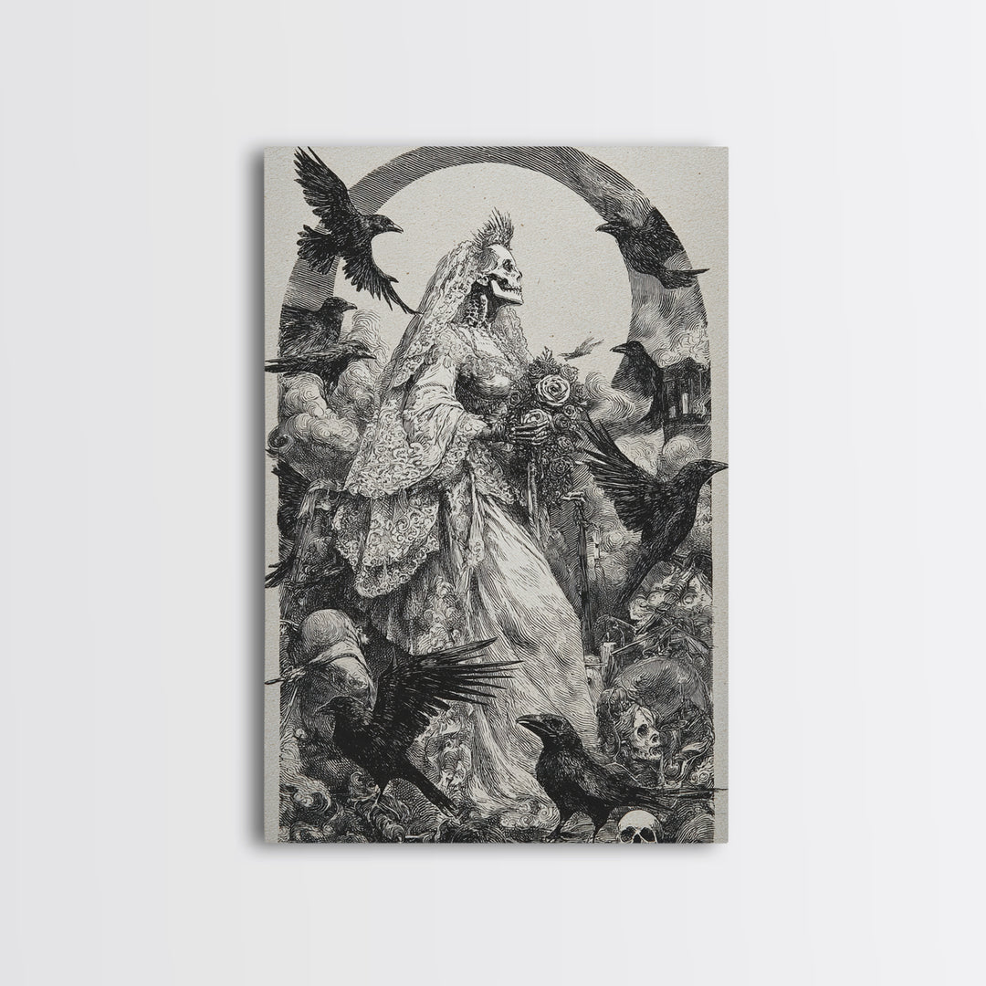 The Skeletal Bride, Renaissance Engraving Art, Vertical Wall Art, Macabre Wall Art, Framed Canvas Print, Halloween Wall Art