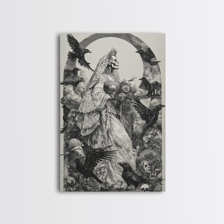 The Skeletal Bride, Renaissance Engraving Art, Vertical Wall Art, Macabre Wall Art, Framed Canvas Print, Halloween Wall Art