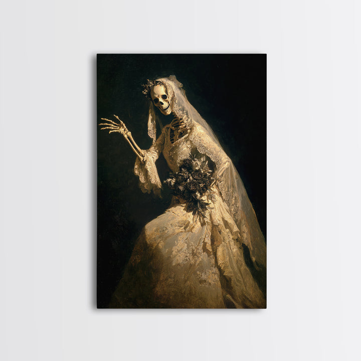 The Skeletal Bride, Dark Romantic Horror Art, Vertical Wall Art, Gothic Horror Wall Art, Framed Canvas Print, Halloween Wall Art