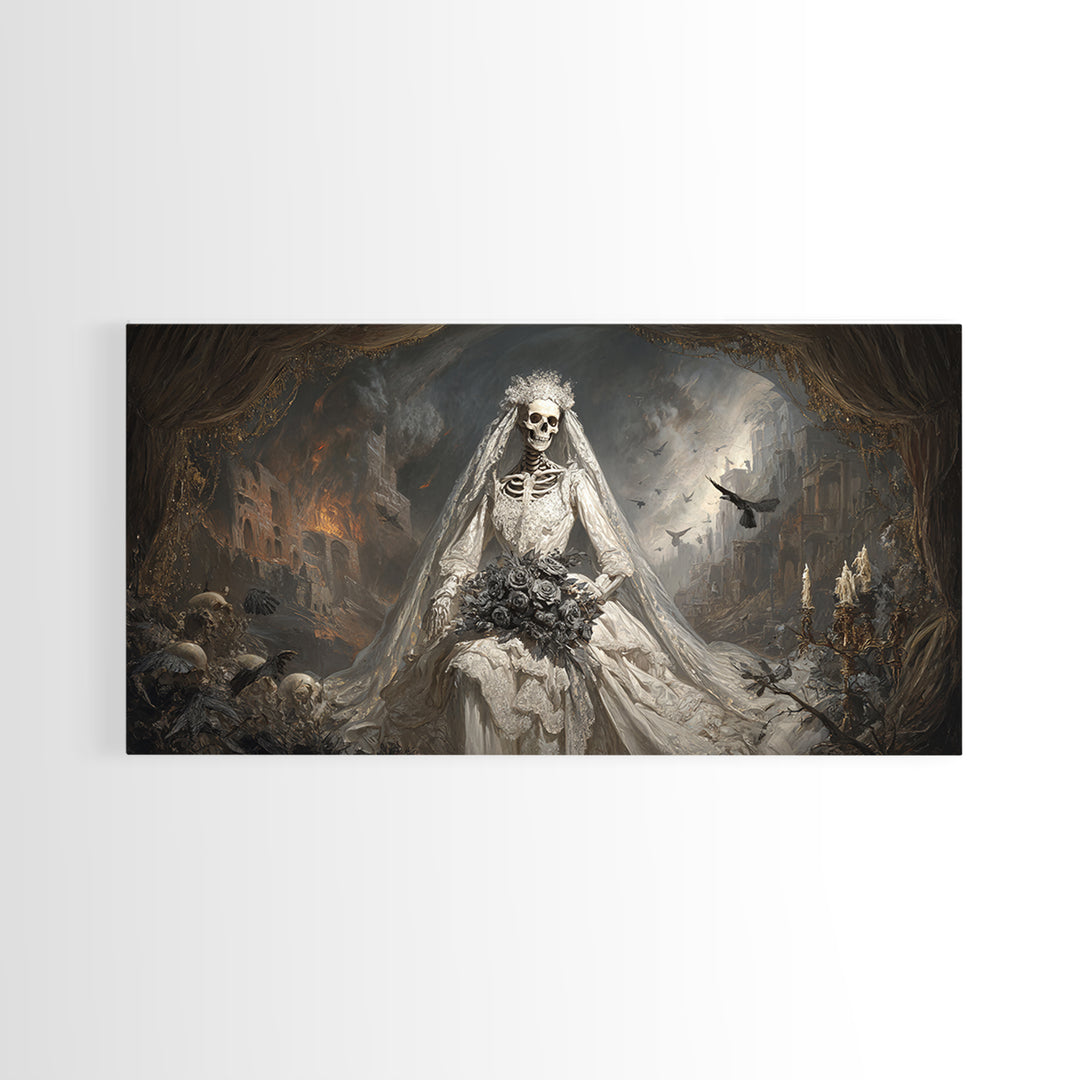 The Skeletal Bride, Apocalyptic Romantic Art, Wide Panoramic Art, Gothic Horror Wall Art, Canvas Print, Halloween Wall Art