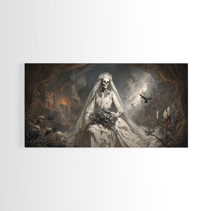 The Skeletal Bride, Apocalyptic Romantic Art, Wide Panoramic Art, Gothic Horror Wall Art, Canvas Print, Halloween Wall Art