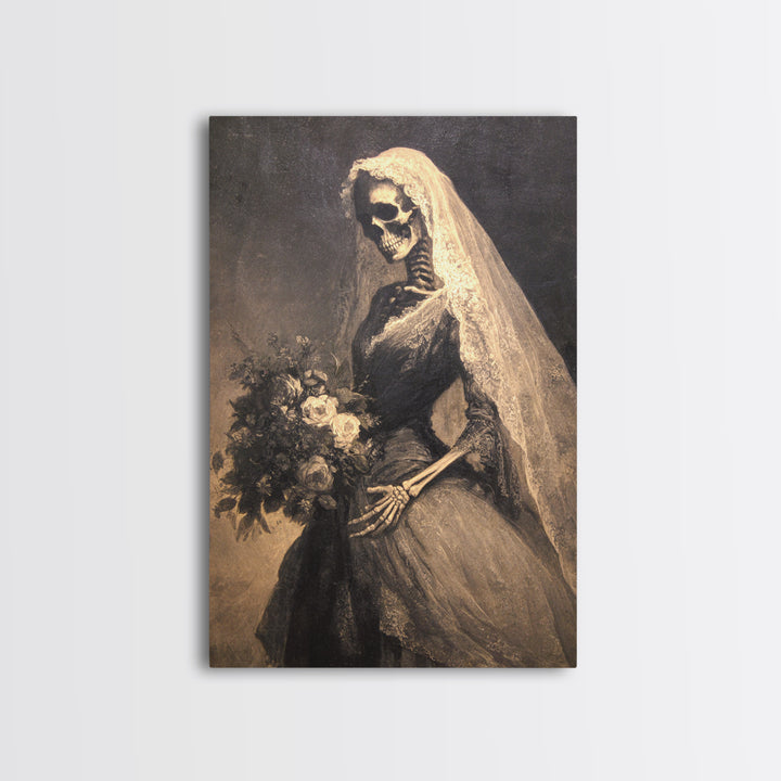 The Skeletal Bride, Symbolist Dream Art, Vertical Wall Art, Gothic Horror Wall Art, Framed Canvas Print, Halloween Wall Art