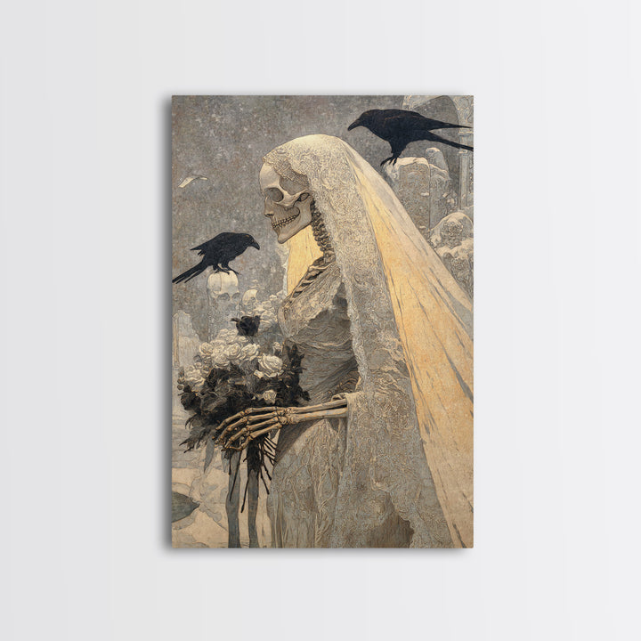 The Skeletal Bride, Symbolist Death Art, Vertical Wall Art, Macabre Wall Art, Framed Canvas Print, Halloween Wall Art