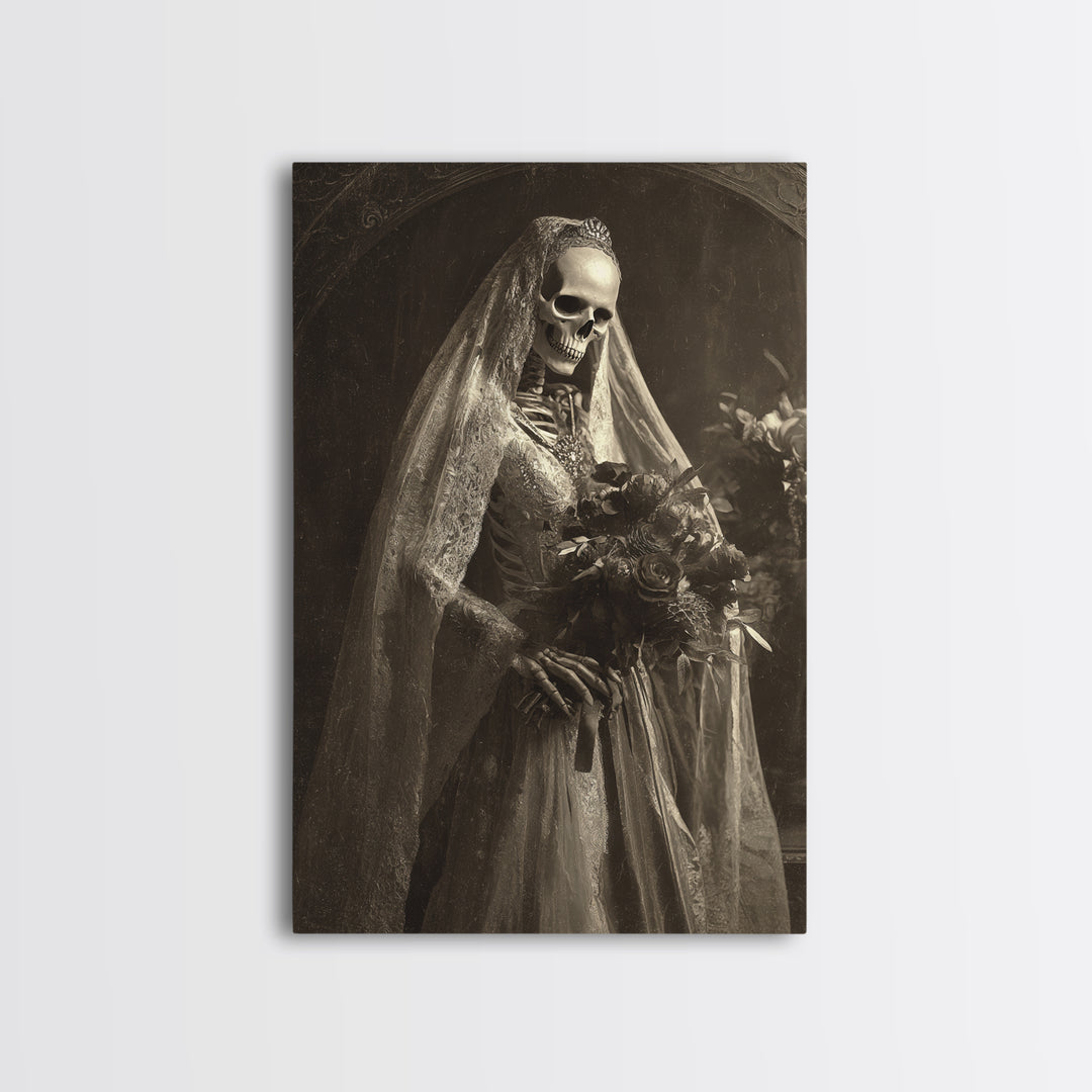 The Skeletal Bride, Dark Symbolist Art, Vertical Wall Art, Dark Fantasy Wall Art, Framed Canvas Print, Halloween Wall Art