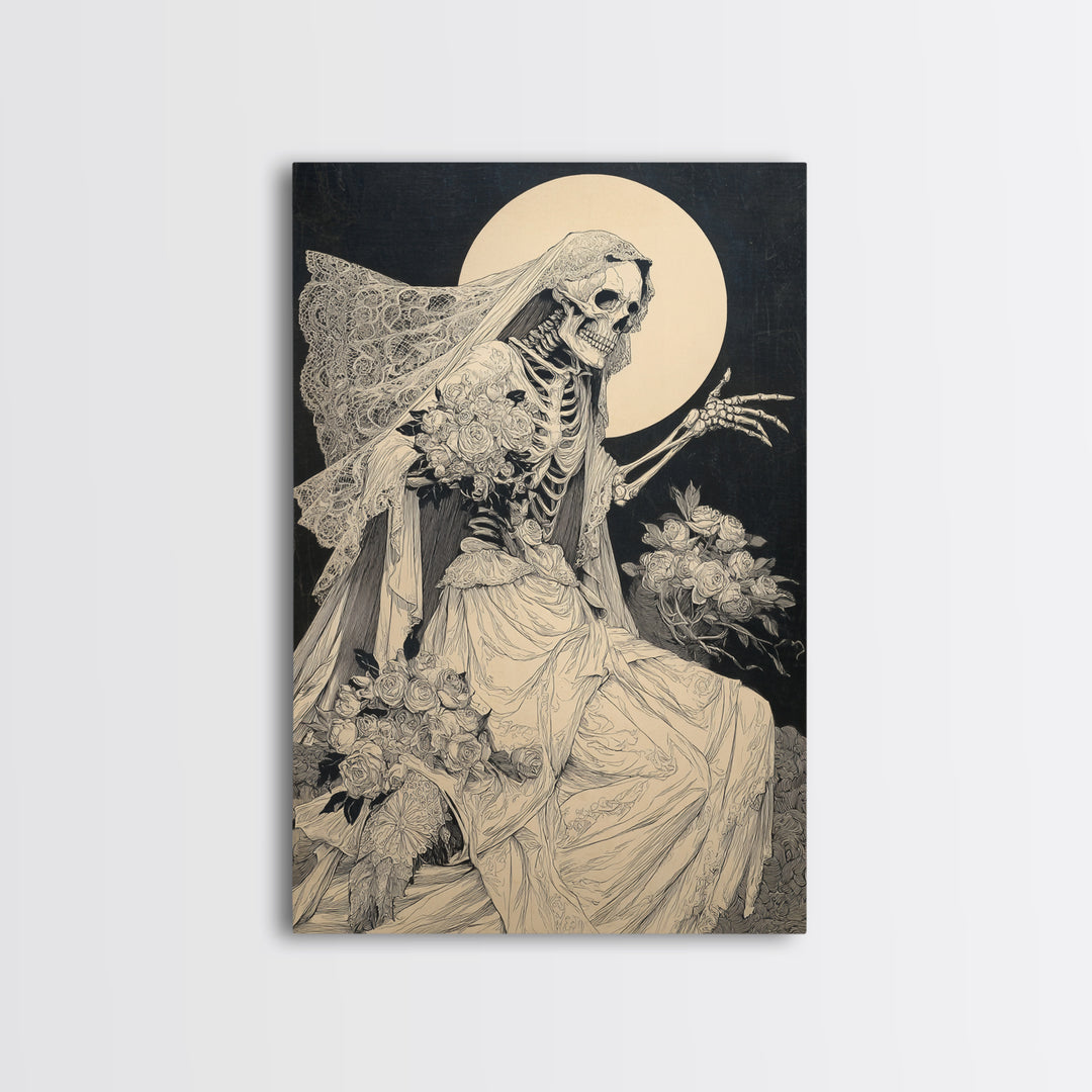The Skeletal Bride, Symbolist Etching Art, Vertical Wall Art, Macabre Wall Art, Canvas Print, Halloween Wall Art, Statement Wall Art