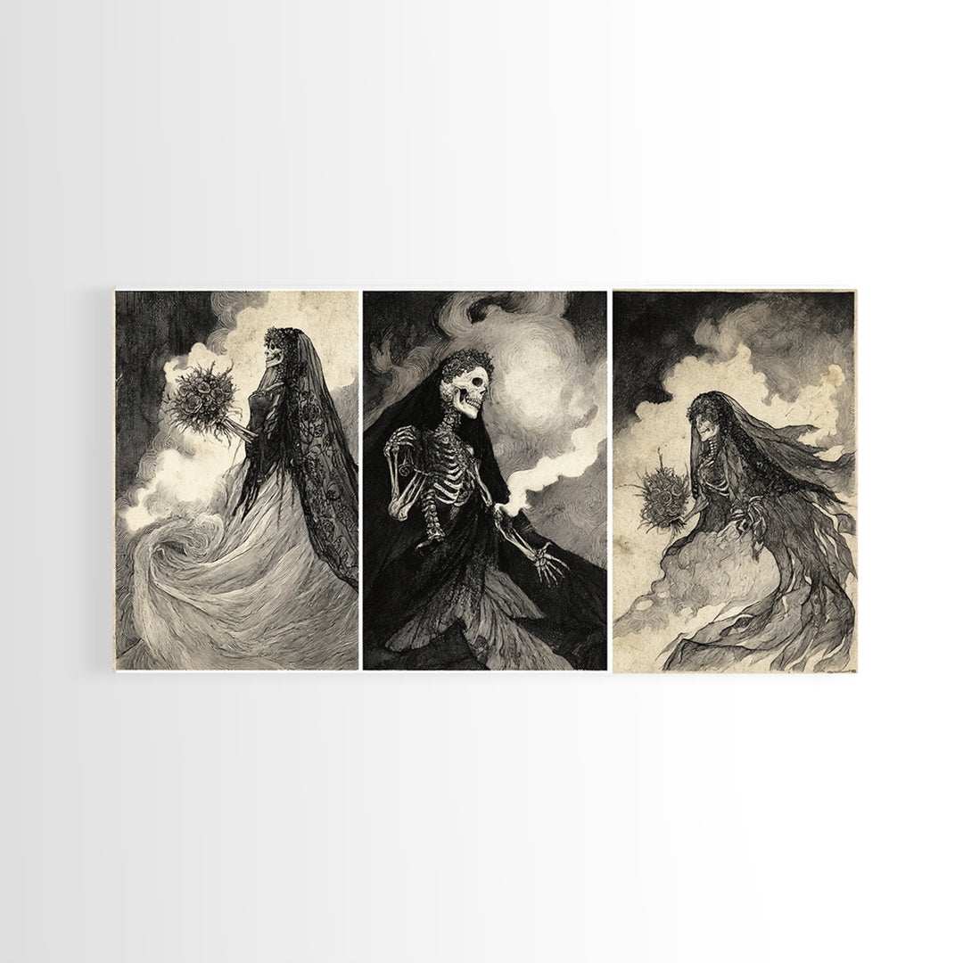 The Skeletal Bride, Expressionist Nightmare Art, Wide Panoramic Art, Dark Fantasy Wall Art, Framed Canvas Print, Halloween Wall Art
