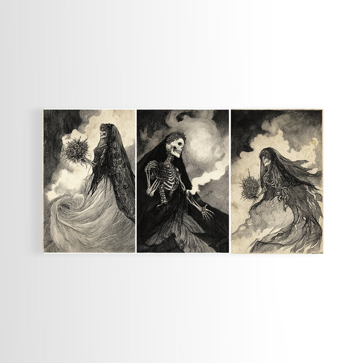 The Skeletal Bride, Expressionist Nightmare Art, Wide Panoramic Art, Dark Fantasy Wall Art, Framed Canvas Print, Halloween Wall Art