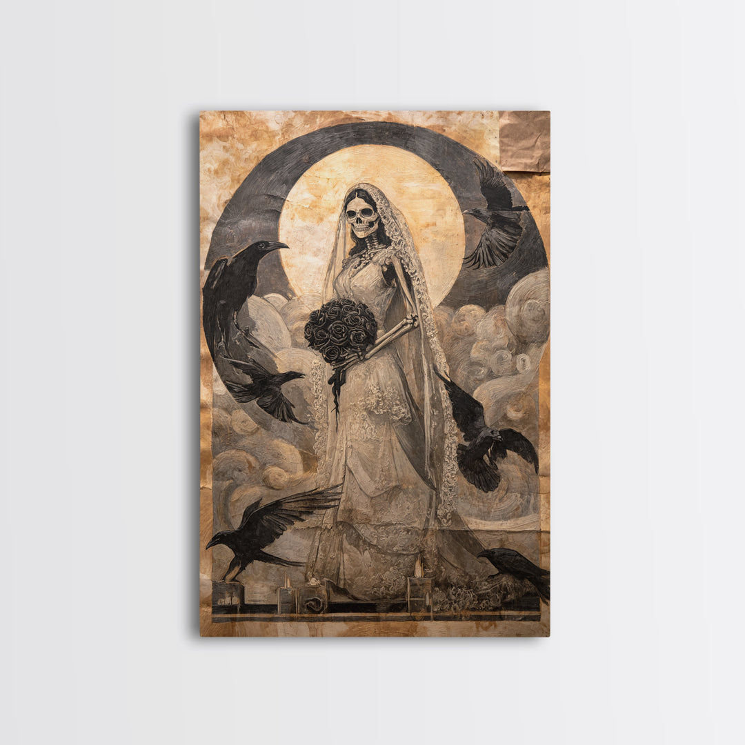 The Skeletal Bride, Expressionist Gothic Art, Vertical Wall Art, Gothic Horror Wall Art, Framed Canvas Print, Halloween Wall Art
