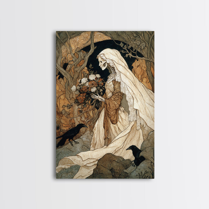 The Skeletal Bride, Gothic Storybook Art, Vertical Wall Art, Gothic Horror Wall Art, Canvas Print, Halloween Wall Art