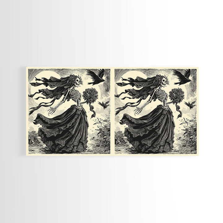 The Skeletal Bride, Macabre Folk Print Art, Wide Panoramic Art, Dark Halloween Decor, Framed Canvas Print, Halloween Wall Art