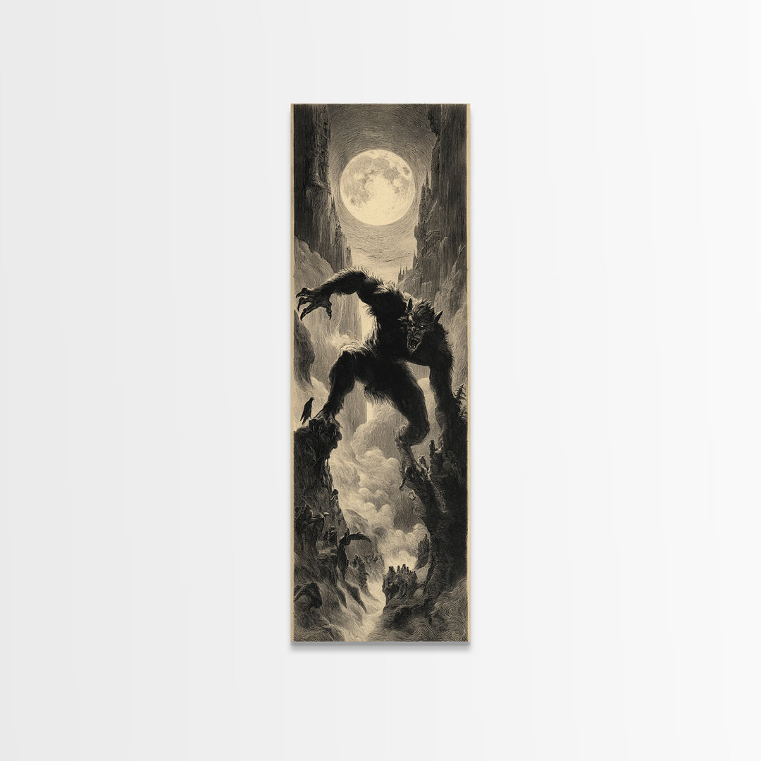 The Moon-Cursed Werewolf, Gothic Engraving Art, Tall Narrow Wall Art, Macabre Wall Art, Framed Canvas Print, Halloween Wall Art