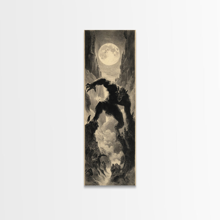 The Moon-Cursed Werewolf, Gothic Engraving Art, Tall Narrow Wall Art, Macabre Wall Art, Framed Canvas Print, Halloween Wall Art